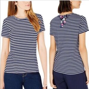 Maison Jules Striped Bow-Back Tee Navy Blue Women’s Size Large NWT